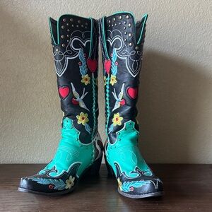 Vibrant Mint Green/Turquoise and Black Embroidered Heeled Western Boots